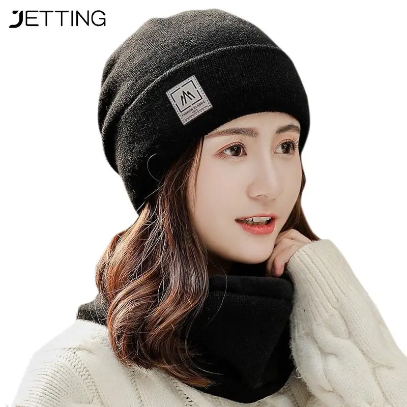 

Winter Beanie Hats Scarf Set Women Warm Knitted Cap Female Neck Warm Thicken Fur Lined Lady balaclava Mask Bobble Hats for Women