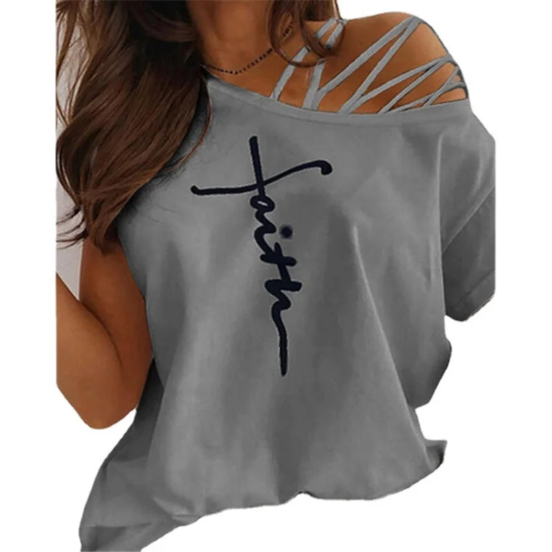 Echoine New Design Irregular Off Shoulder Hollow Out Tshirt Letter Print Tee Top Summer Women Clothing Echoine New Design Irregular Off Shoulder Hollow Out Tshirt Letter Print Tee Top Summer Women Clothing