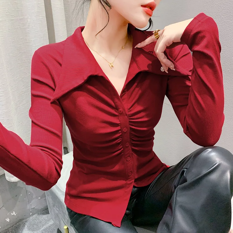 

Women Slim Folds Sexy V-neck Solid T-shirt Long Sleeve Turn-down Collar Simple Fashion All-match Pullovers Button Tops
