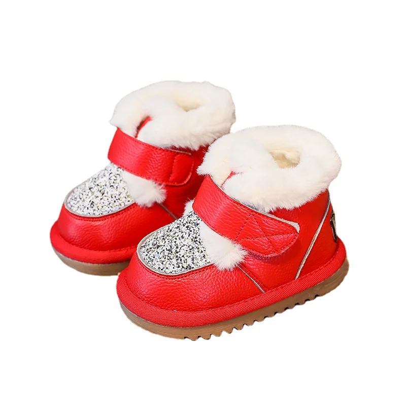 

Зимние детские ботинки из хлопка, плюшевые теплые ботинки для девочек, обувь для начинающих ходить с мягкой подошвой, Нескользящие ботильоны для мальчиков SOH026