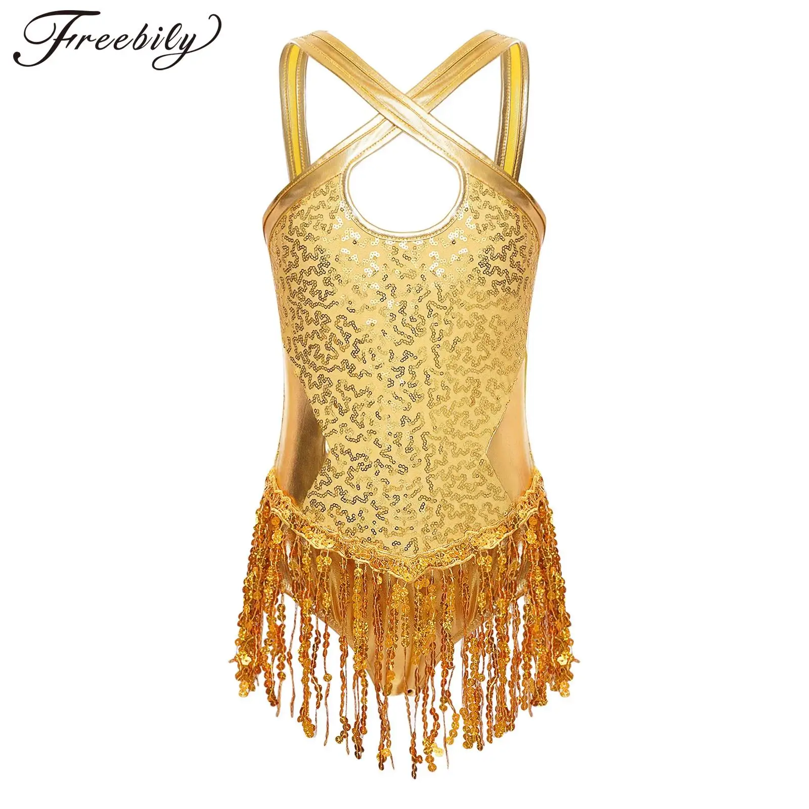 

Kids Girls Latin Dance Leotard Sleeveless Metallic Sequin Tassel Bodysuit for Cha-cha Salsa Tango Rumba Samba Ballroom Dancing