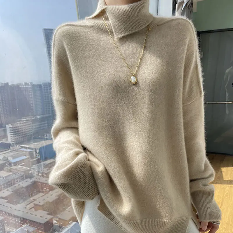 

Female Clothing Turtleneck Knitted Jumpers Fashion Split Casual Basic Solid Color Commute Autumn Winter Korean Loose Sweaters