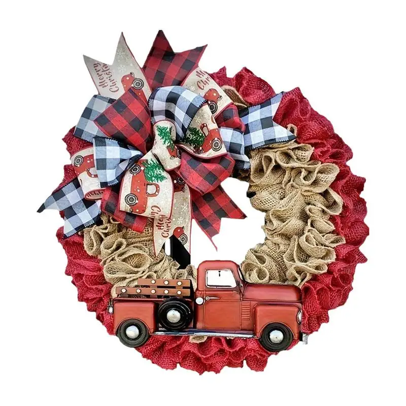 

40cm/15.74inch Christmas Door Wreath Merry Christmas Red Truck Seasonal Home Decor Colorful Ribbon Bow Holiday door Wreath