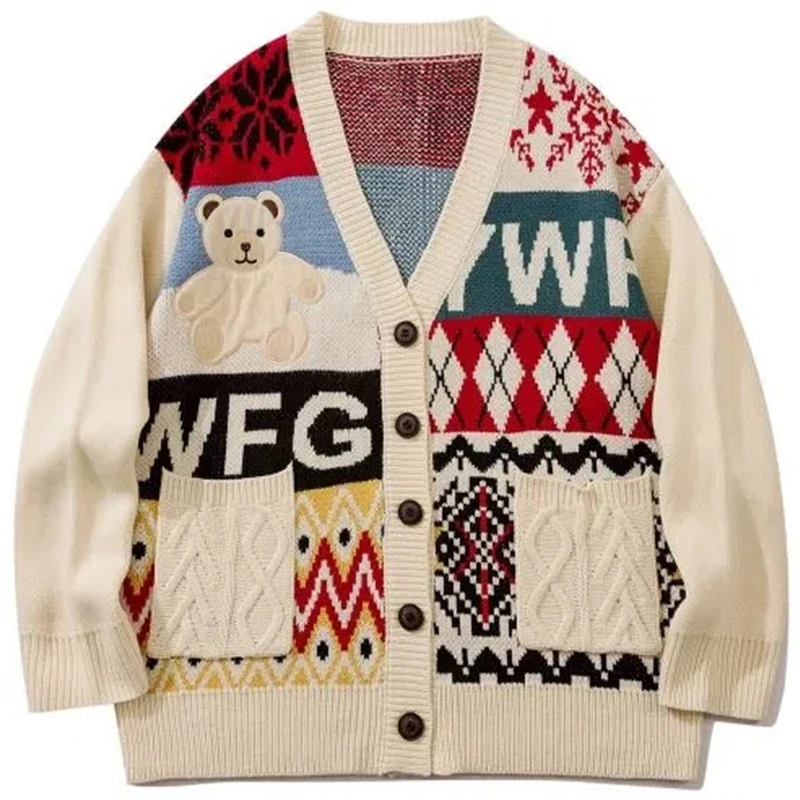 2023 Winter Japanese Cartoon Bear Embroidery Men's Cardigan Sweater Hip Hop Loose Women's Knitted Coat Vintage Cardigan
2023 Winter Japanese Cartoon Bear Embroidery Men's Cardigan Sweater Hip Hop Loose Women's Knitted Coat Vintage Cardigan