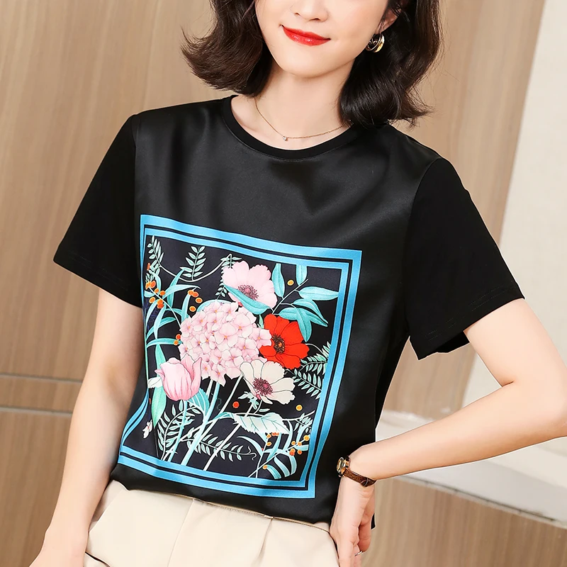 2023 Summer Women's Black T-shirt Elegant O-neck Short Sleeve Woman Tee Shirts Floral Print Tops Female Silk Cotton T-shirts
2023 Summer Women's Black T-shirt Elegant O-neck Short Sleeve Woman Tee Shirts Floral Print Tops Female Silk Cotton T-shirts