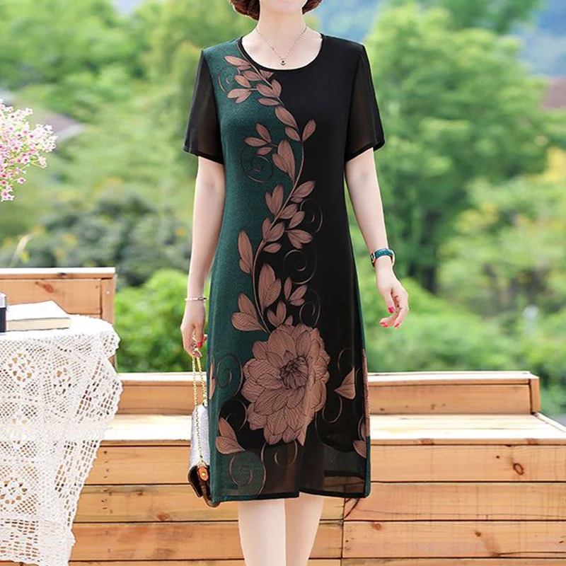 

Summer Clothes for Women Patchwork Floral Printing Short Sleeve Net Yarn Ethnic Style Round Neck Chiffon Bag Hip Midi Dress