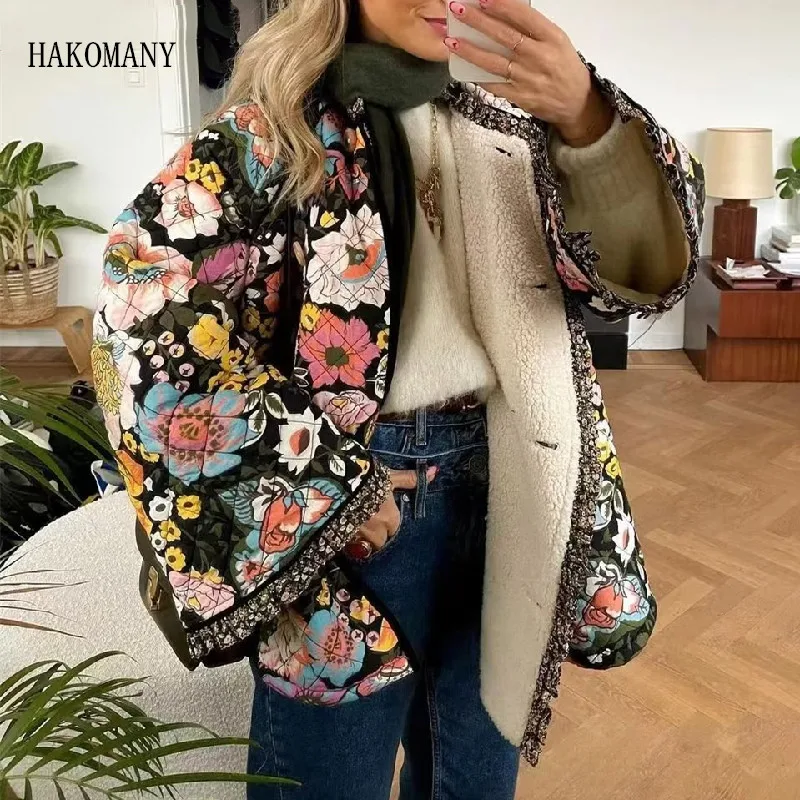 

2023 Women Wood ears Center Buttons Flare Sleeve Loose Coat Autumn Winter Ethnic Colored Flower Quilted Jacket with Fleece