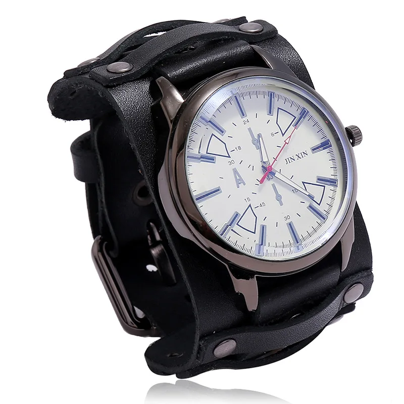 

Mens Quartz Watches Jessingshow Luxury Wristwatch 2024 Cowhide Watchband Punk Style Watch for Men Wide Genuine Leather Bracelets