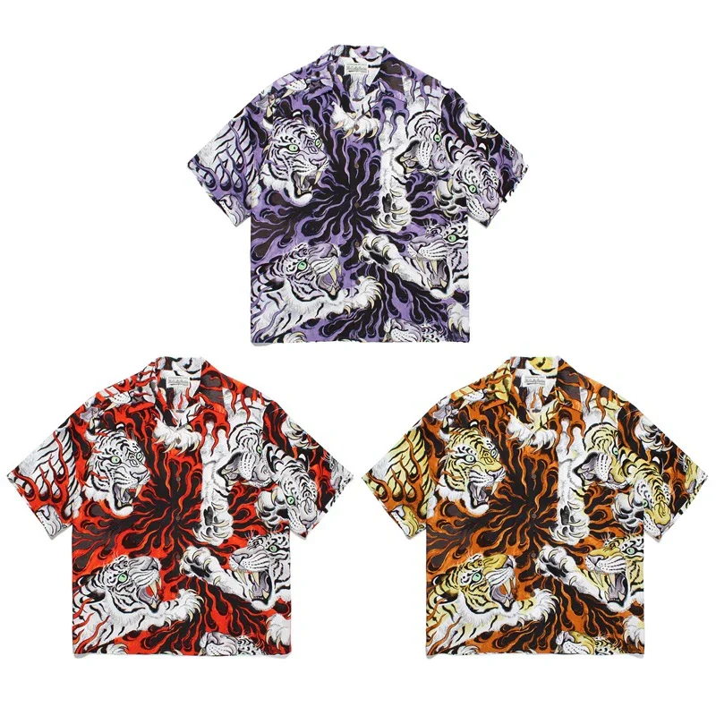 

WACKO MARIA Arrival Shirt TEE Flame Tiger Printing Polyester Oversize Lapel Button Hawaii Short Sleeve Thin Breathable Men Women