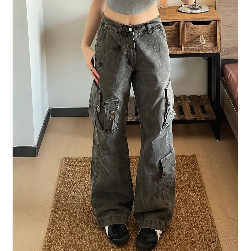

Cargo Pants Women Jeans High Street Retro Washed and Distressed Baggy Jeans Women Casual Wide Legs High Waisted Jeans Woman
