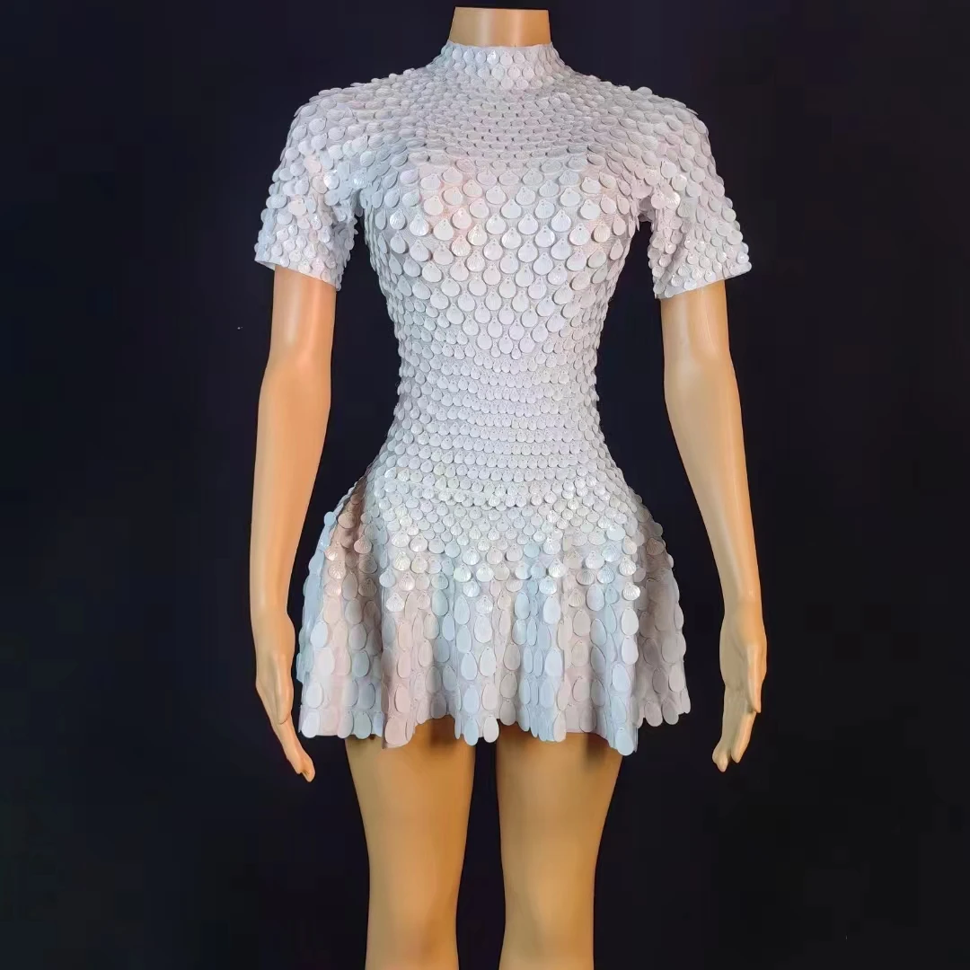 

Sparkly Shell Sequins Women Sexy Mesh Celebrate Party Outfit Short Dress Dancer Singer Stage Wear Performance Costume