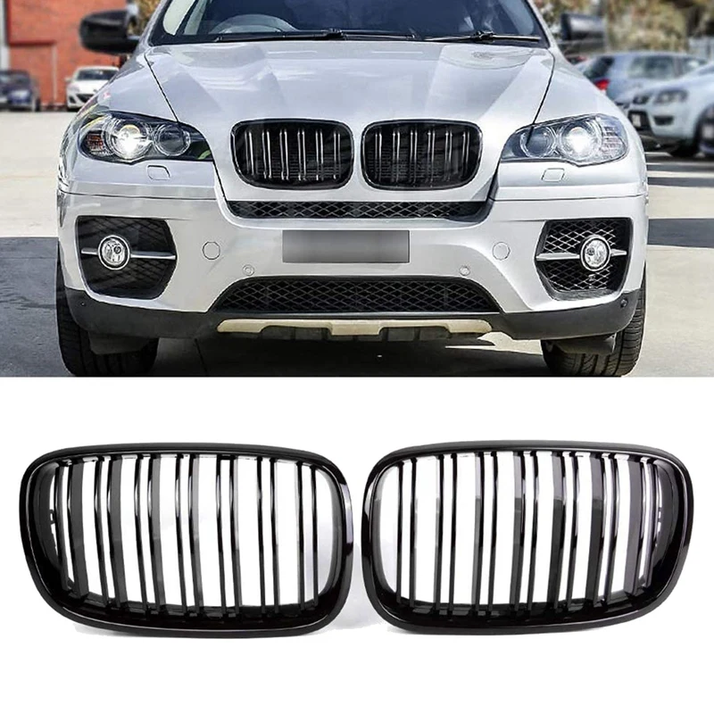 

2Pcs Glossy Black Car Front Kidney Grille Grill For-BMW X5 E70 2007-2013 X6 E71 2008-2014