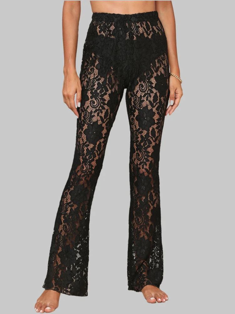 

Sexy Women’s Sheer Lace Pants High Waist See Through Flare Pants Bell-Bottoms Trousers Beachwear Streetwear