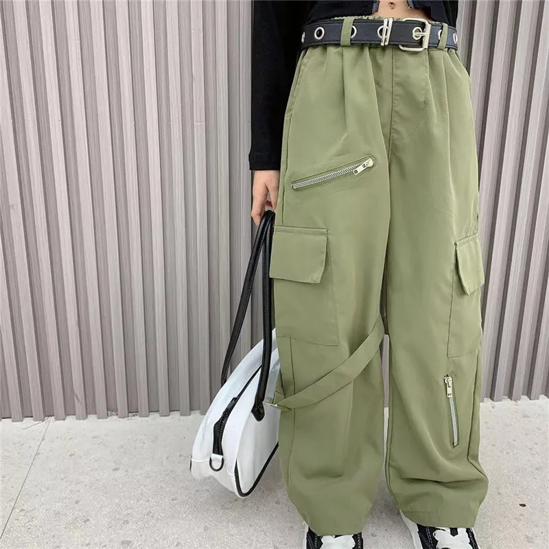 

teenage girls harem cargo pants high waist green trousers with belt hip hop fashion clothes capris pocket zipper 6 to 16 yrs