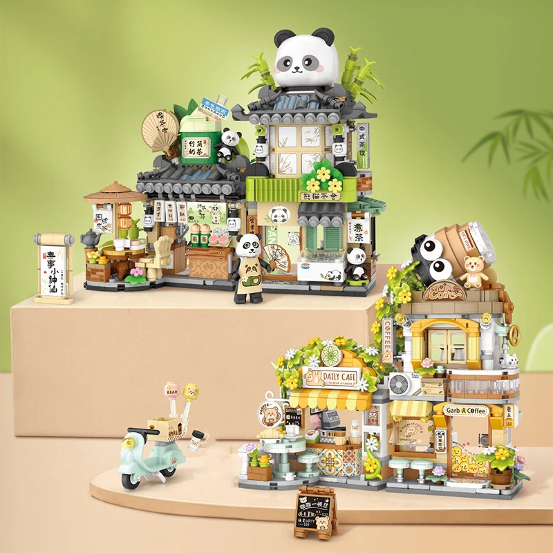 

Creative City Street View Mini Block China Streetscape Panda Figures Milk Tea Coffee Shop Building Brick Toys For Kids Gifts