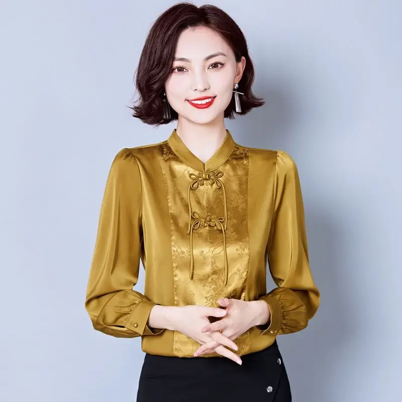 Stand Collar Shirt Imitation Silk Women's Long Sleeve Autumn New Mother's Shirt New Chinese Style Guofeng Panbutton Top
Stand Collar Shirt Imitation Silk Women's Long Sleeve Autumn New Mother's Shirt New Chinese Style Guofeng Panbutton Top