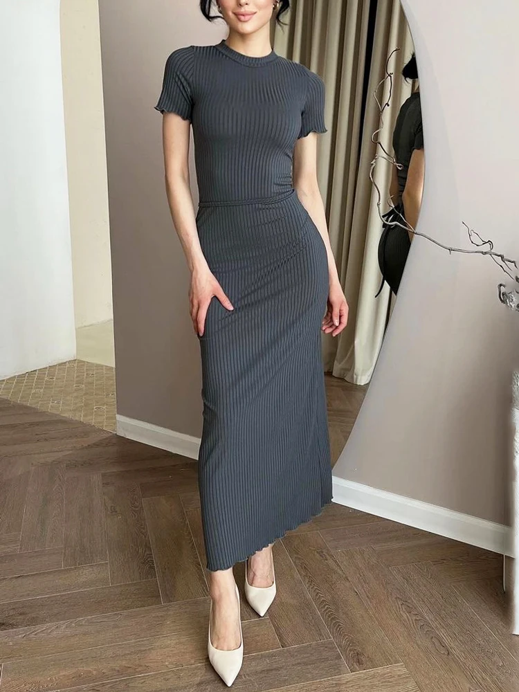 

Tossy Ribbed Knit Long Dress For Women Slim Short Sleeve Ruffled High Waist Patchwork Elegant Fashion Gown Knitwear Maxi Dress