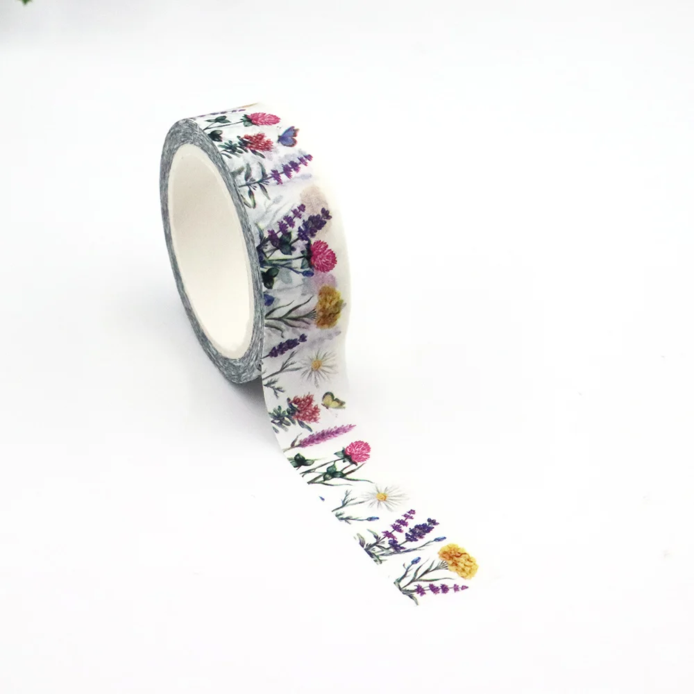 

1PC 15mm x 10m Watercolor meadow set wild flowers bouquet clover lavender Masking Adhesive japanese stationery Washi Tape