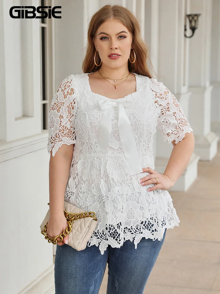 

GIBSIE Plus Size Sweetheart Neck Knot Front Lace Blouse Women Summer Short Sleeve Sweet Casual Ladies White Blouses Tops 2023