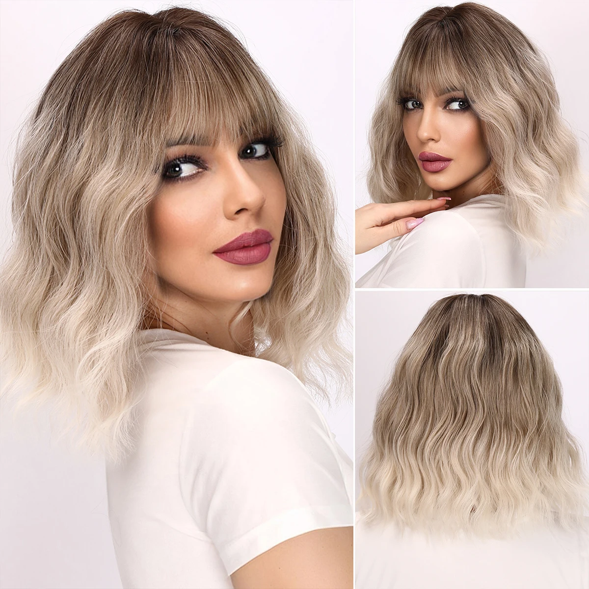 

Short Curly Bob Cut Synthetic Wigs With Bangs Shoulder Length Grey Wavy Wig For Women Cosplay Daily Halloween Heat Resistant