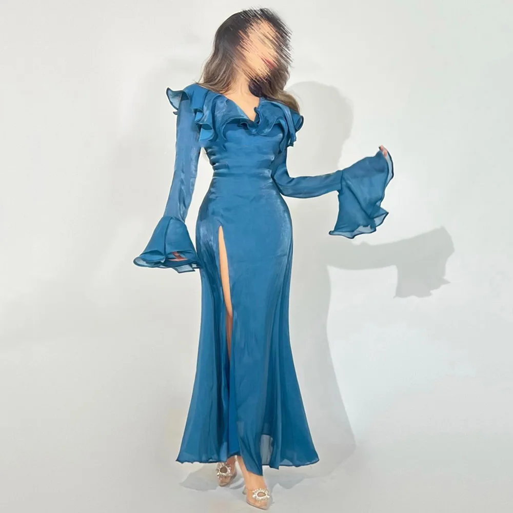 

Long Flare Sleeve V Neck Ruffles Evening Dresses Illusion Mermaid Dress High Slit Pleat Prom Gown فساتين السهرة 2023 جديده