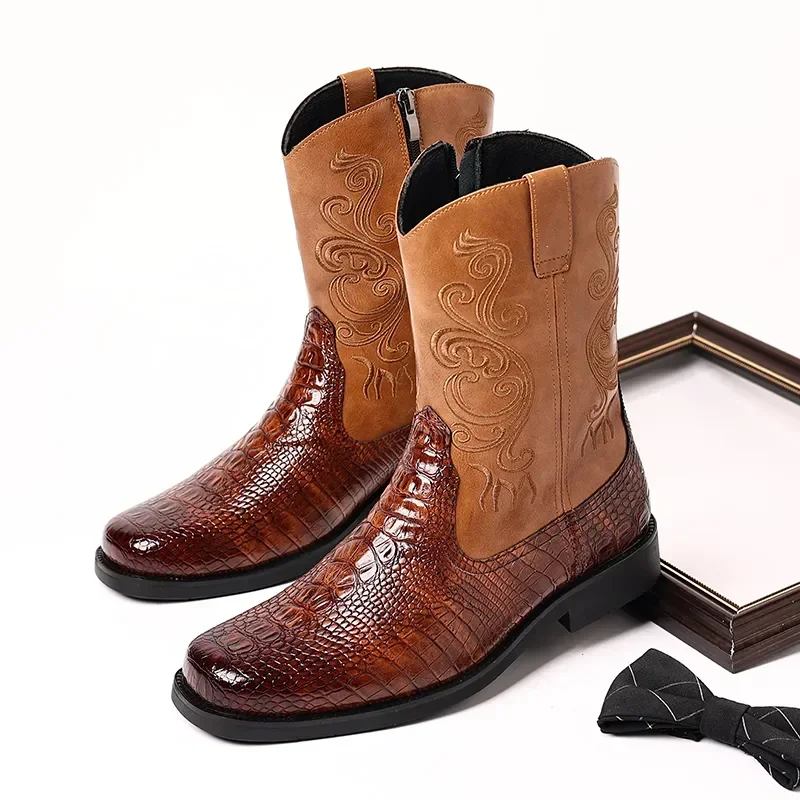 

Western Cowboy Boots for Men Brown Black Crocodile Pattern Mid-Calf Square Toe Zipper Men Boots Free Shipping Size 38-46