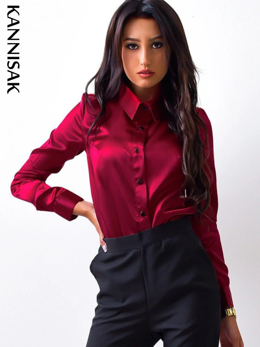 

KANNISAK Women Shirt 2023 Spring Autumn Long Sleeve Turn-down Collar Slim Fit Single Breasted Solid Burgundy Green Womens Shirts