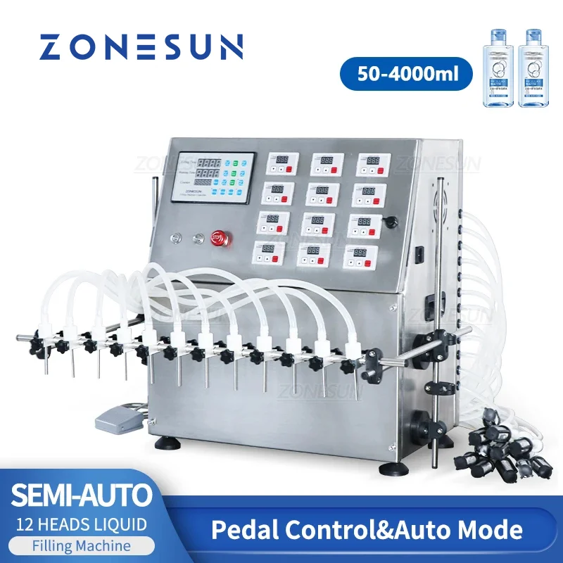 

ZONESUN ZS-DPYT12P Semi Automatic 12 Heads Beverages Diaphragm Pump Liquid Bottle Wine Filling Machine