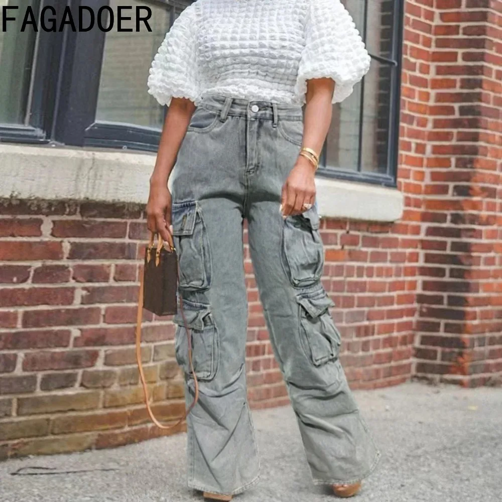 

FAGADOER Fashion Retro Washed Pocket Denim Cargo Pants Women High Waisted Straight Jean Trousers Casual Female Cowboy Bottoms