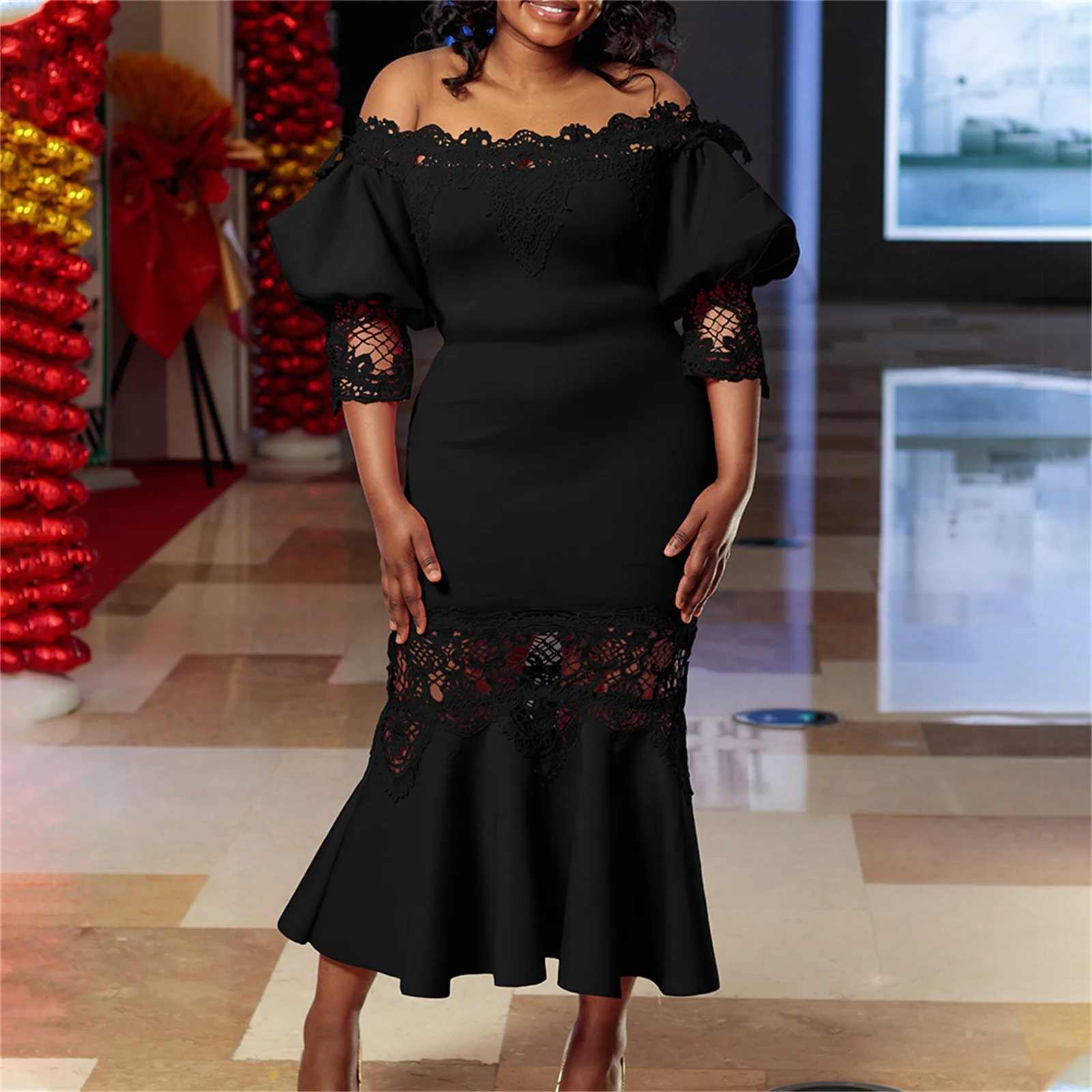 Women's Dresses Plus Size Elegant Off Shoulder Lace Decor Lantern Sleeve Patchwork Floral Cocktail Dress Straight Party Dresses
Women's Dresses Plus Size Elegant Off Shoulder Lace Decor Lantern Sleeve Patchwork Floral Cocktail Dress Straight Party Dresses