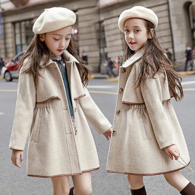 

Fashion Winter Girls Woolen Coats 2024 New Thicken Warm Outerwear Kids Clothing Windproof Woolen Jackets Teens Girls Long Coats
