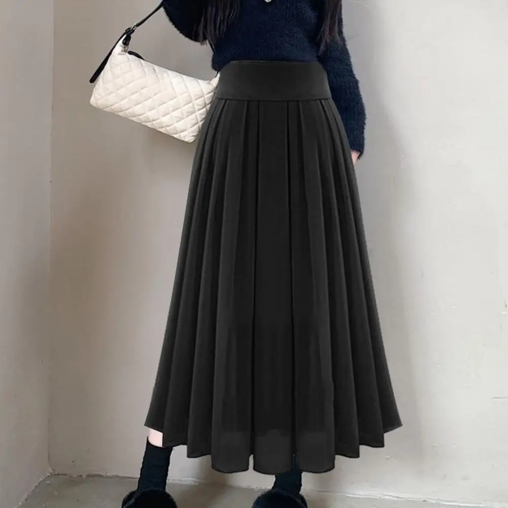 

Skirt High Waist Pleated Loose Solid Color Elastic Waist Soft Double-layered Mid-calf Length Lady Prom Party Midi Skirt