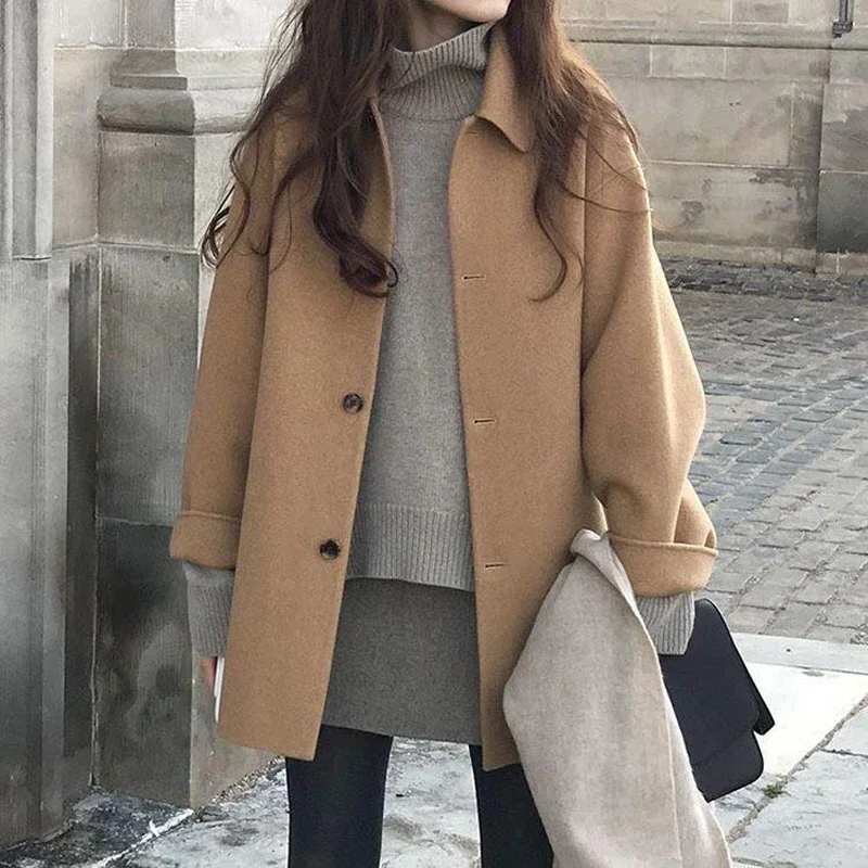 

Autumn Women Faux Wool Coat Long Sleeve Single Breasted Fashion Turn Down Female Blends Causal Loose Winter Outwear 2023