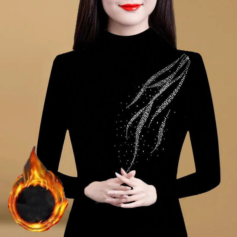 

Женская флисовая футболка с длинным рукавом, черная однотонная приталенная теплая футболка составного кроя с высоким воротником и длинными рукавами, модель 2023 в Корейском стиле на осень и зиму