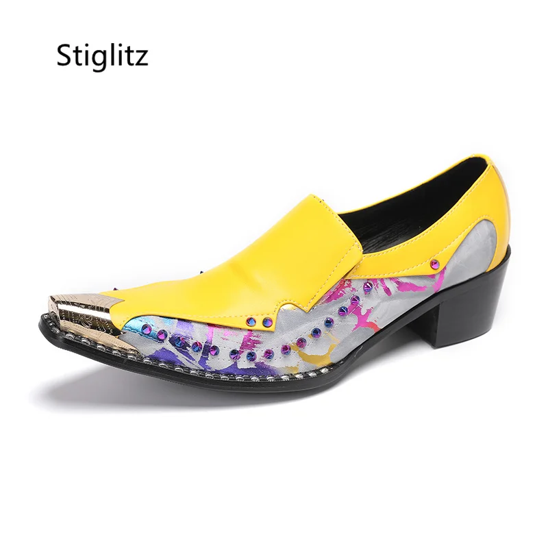 

Metal Toe Graffiti Men's Shoes British Style Yellow Genuine Leather High Heels Casual Dress Shoes Rivet Loafers Social Shoes