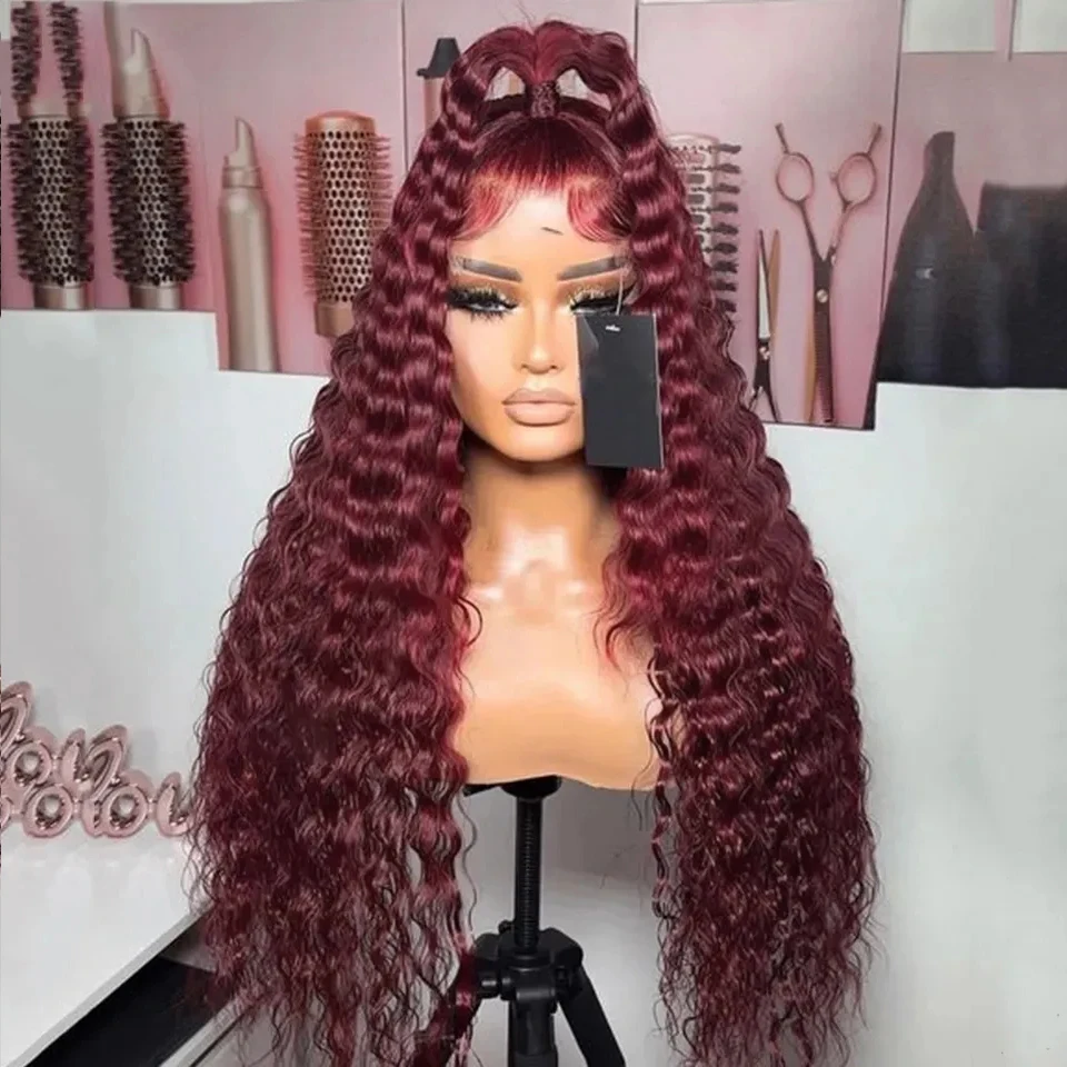 

AIMEYA Loose Deep Wave Synthetic Lace Wigs For Women Long Glueless Pre Plucked Lace Front Wig Burgundy Red Cosplay Party Wigs