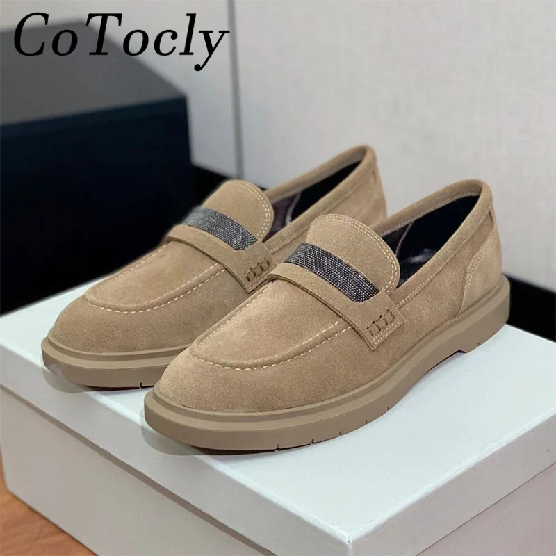 

High Quality Cow Suede Loafers Woman String Bead Round Toe Slip-on Casual Flat Shoes Female Comfort Outdoor Walk Shoes Women