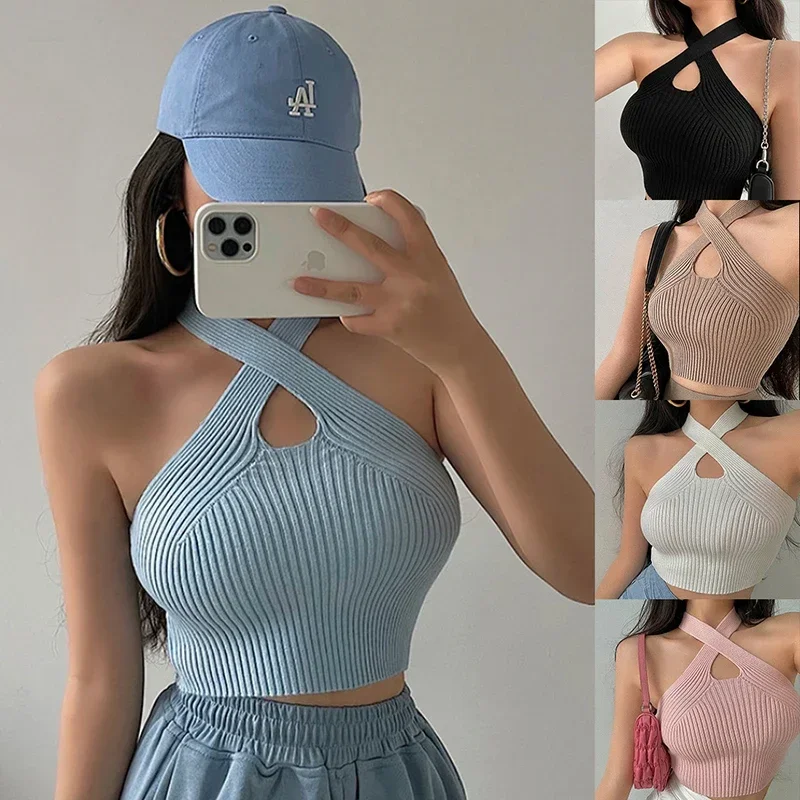 

Vest Crop Top Women Halter Tops Female Knitted Off Shoulder Crop Tops Cross Strappy Sexy Tank For Women 2024 Summer