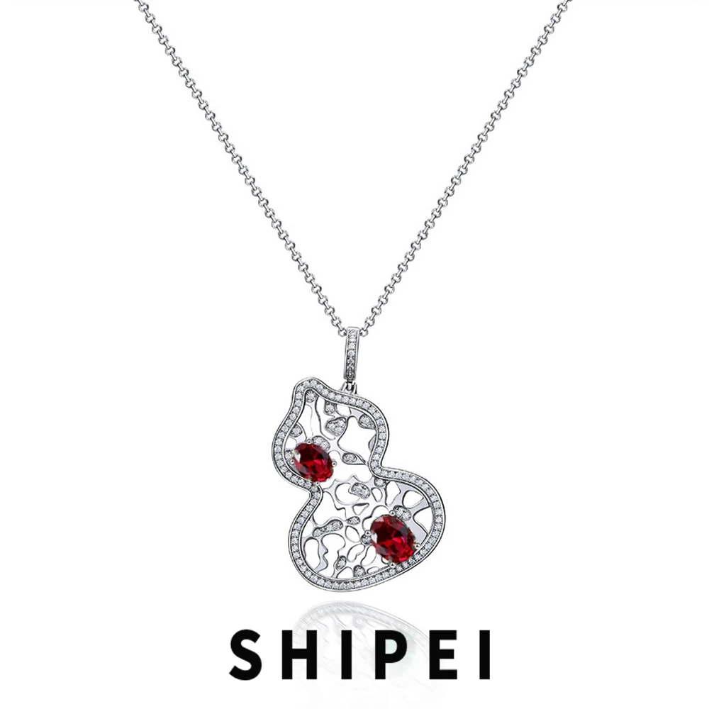 

SHIPEI Vintage 925 Sterling Silver Oval Cut 6*8 MM Ruby White Sapphire Gemstone Women Necklace Gourd Pendant Jewelry Wholesale