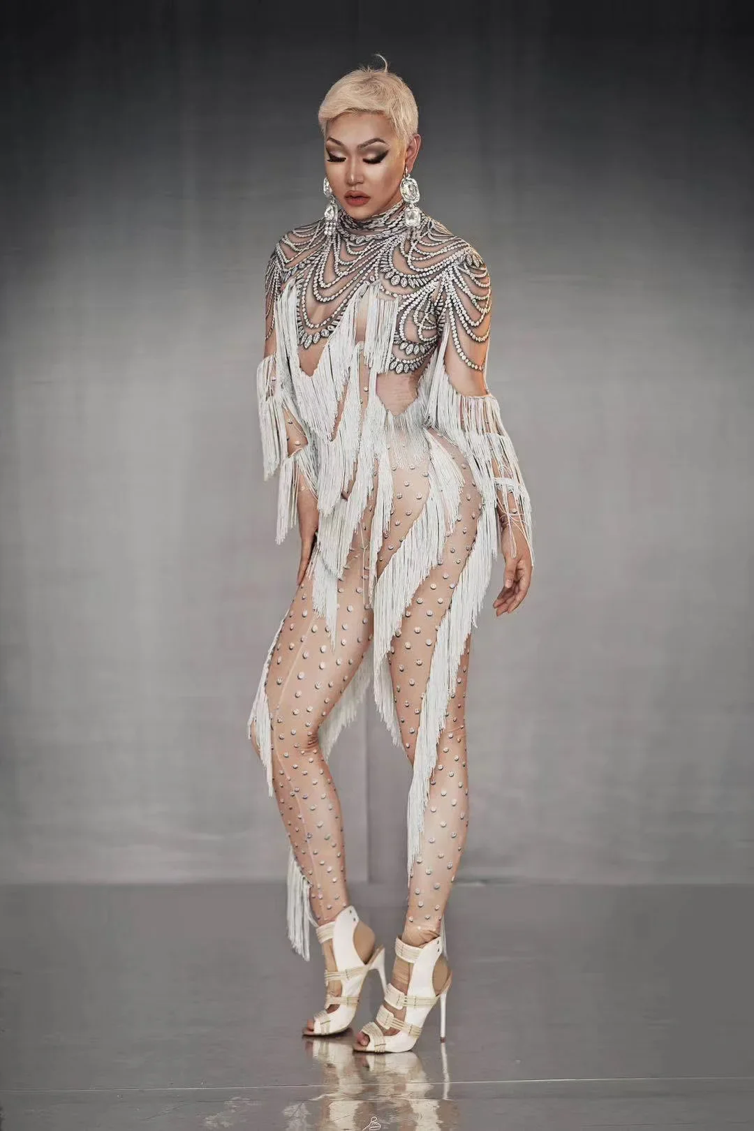 

Women Drag Queen Party Clothing Stage Singer Costume Pole Dance Wear Long Sleeves White Printing Tassel Sexy Nude Jumpsuits