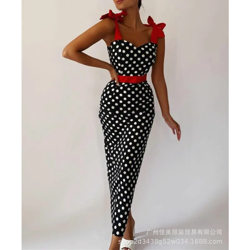 

Wepbel Off-Shoulder Fitted Waist Polka Dots Camis Dress Summer Sheath Sweat Dress Women Sexy Sheath Contrast Patchwork Dress