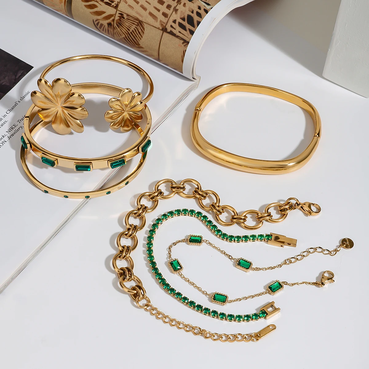 Retro 18K Gold Color Stainless Steel Green Zircon Bracelet Flower Buckle Bracelet Stackable Women's Jewelry Gift for Her 18K gold plated bracelet clasp view