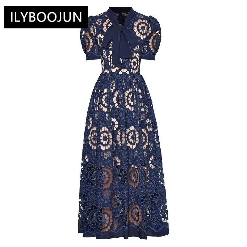 

Summer Dress Lace Up Collar Puff Sleeve Hollow Out Embroidery Blue Vintage Party Dresses For Women 2023 Runway Luxury Brand