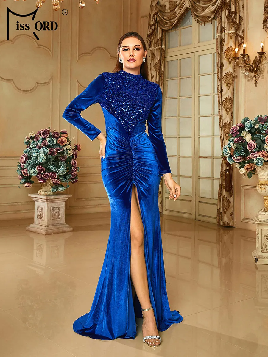 

Женское бархатное вечернее платье-Русалка Missord, синее элегантное платье макси с длинным рукавом, блестками, оборками и разрезом спереди, платье для выпускного вечера