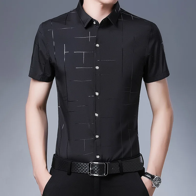 

Рубашка мужская на пуговицах с коротким рукавом, модная блуза с принтом в Корейском стиле, деловой Повседневный Топ с лацканами, лето 2023