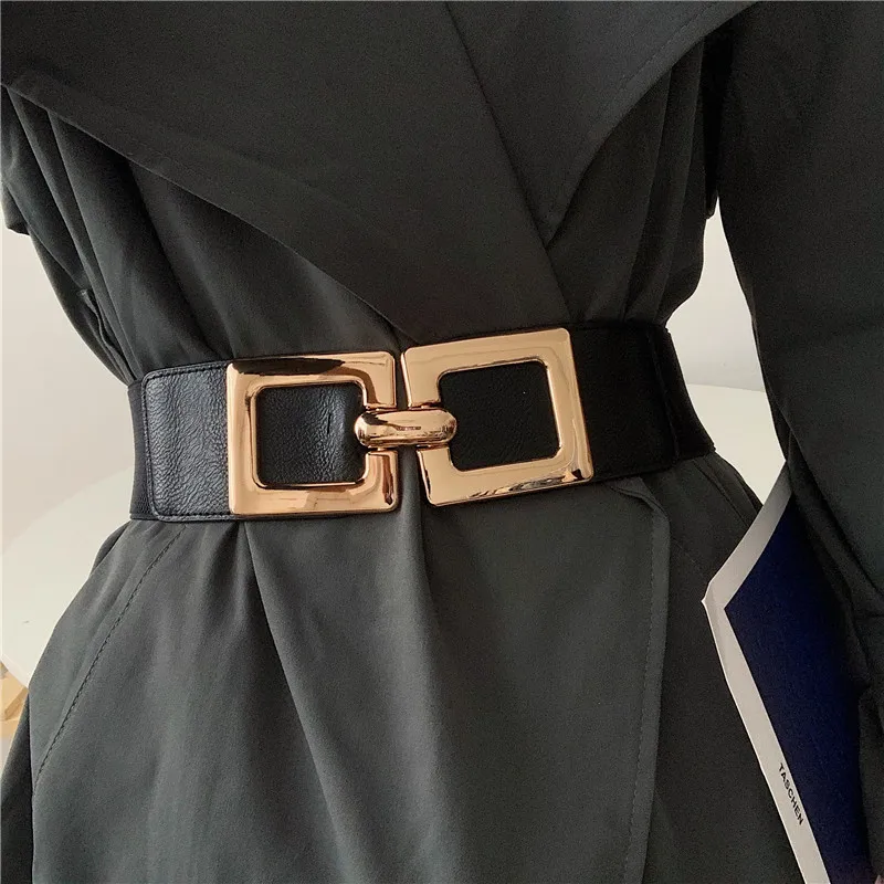 

New Black Waist Corset Belts For Women Gold Big Alloy Square Buckle Waistbands Elastic Wide Cummerbund Dress Coat Cinturon Mujer