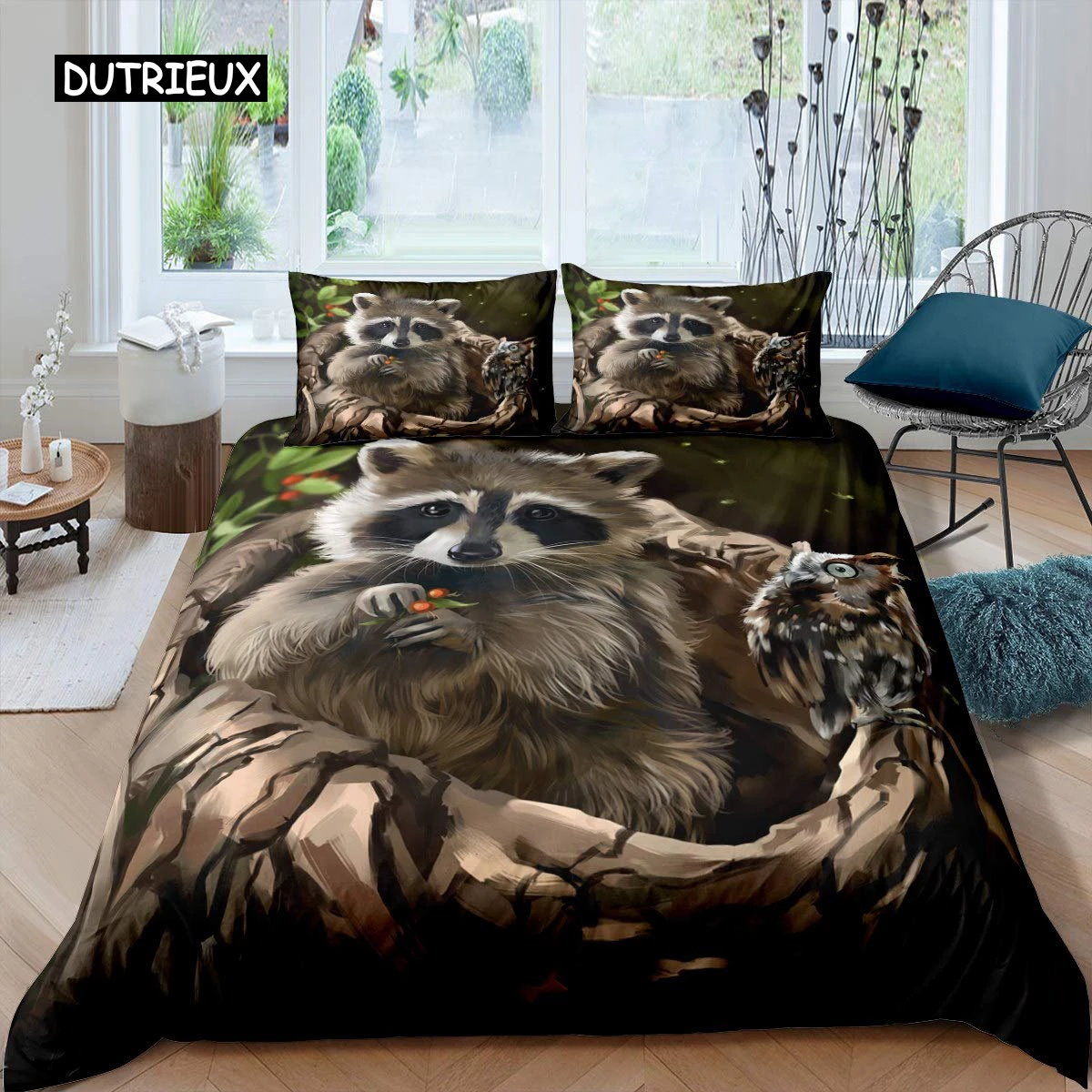 

Raccoon Duvet Cover Set Cute Animal Theme Bedding Set Nature Owl Comforter Cover Wildlife Style King Size Polyester Quilt Cover