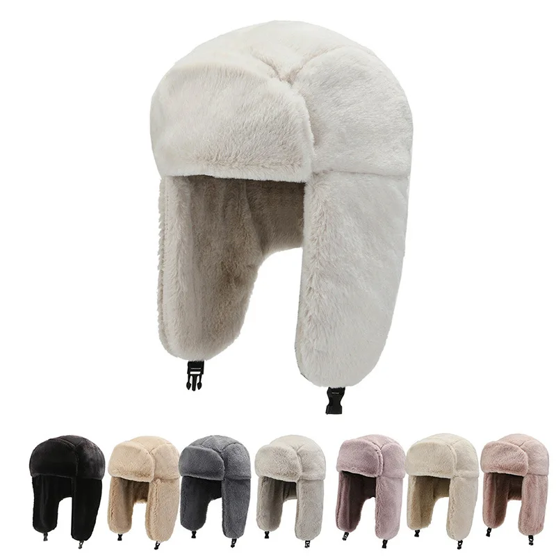 

Winter Cycling Ski Hat Warm Earmuffs Thicken Plush Ear-flapped Hat For Men and Women Faux Fur Windproof Cap Russian Bomber Hat