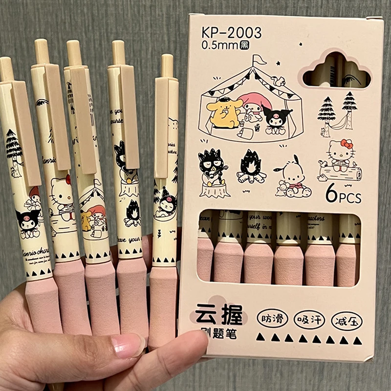 

6Pcs Sanrio Gel Pen Hello Kitty Cartoon Kuromi Kawaii Quick Drying Black 0.5mm Press The Ballpoint Pen Learning Stationery Gifts