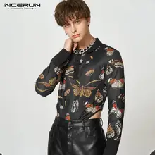 INCERUN 2023 Men Bodysuit Print Patchwork Lapel Underwear Long Sleeve Streetwear Pajamas Rompers Sexy Casual Men Bodysuits S-5XL